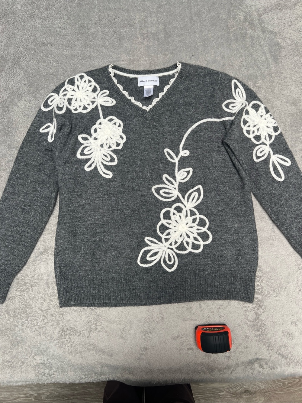 Alfred Dunner Charcoal Gray V-Neck Sweater with White Floral Trim
